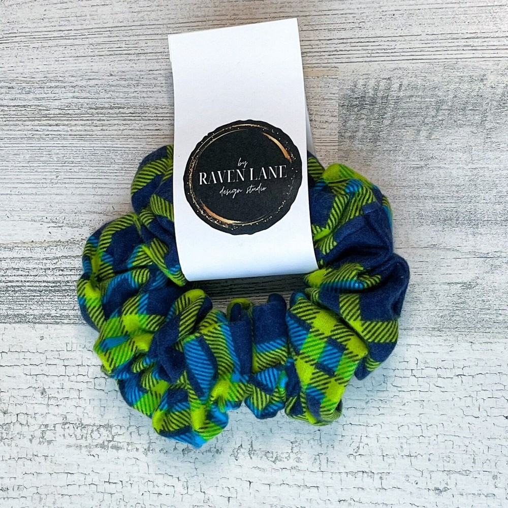 Blue & Green Flannel Scrunchie | Big Scrunchies Fashion Hair Ties Small Volume